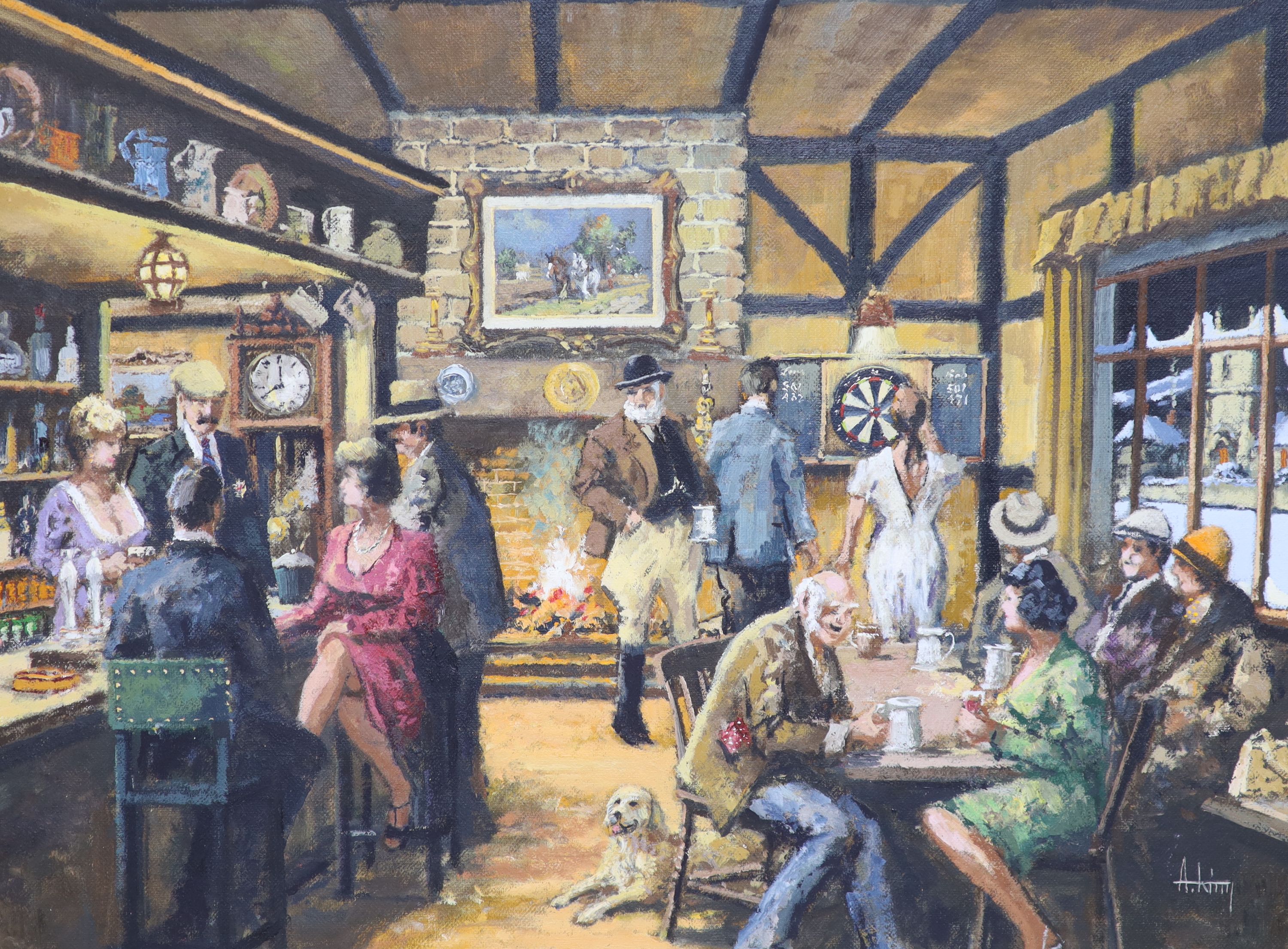 Alan King, oil on canvas panel, 'The Village Inn', signed, 29 x 39cm and oil on canvas, 'Visit to the Smithy', signed, 24 x 29cm